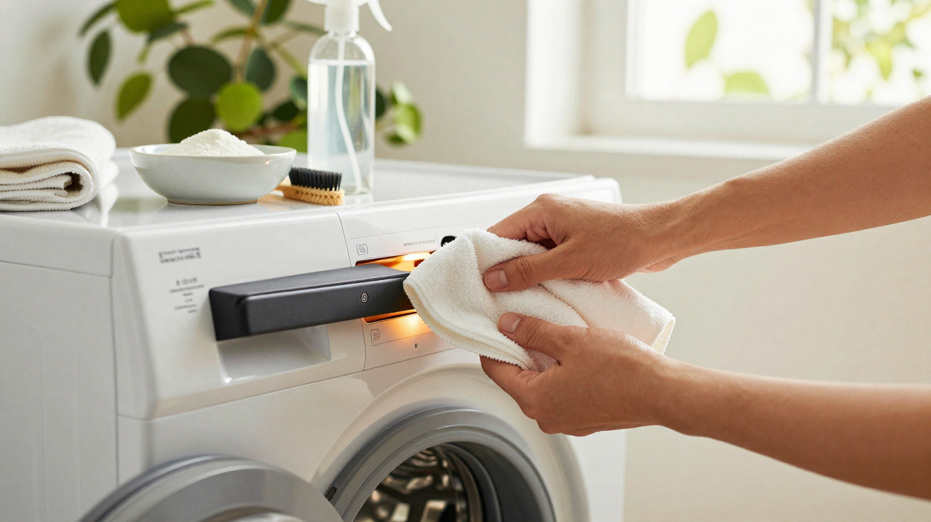 Person removing a clean white towel from a front-loading washing machine in a bright laundry room.