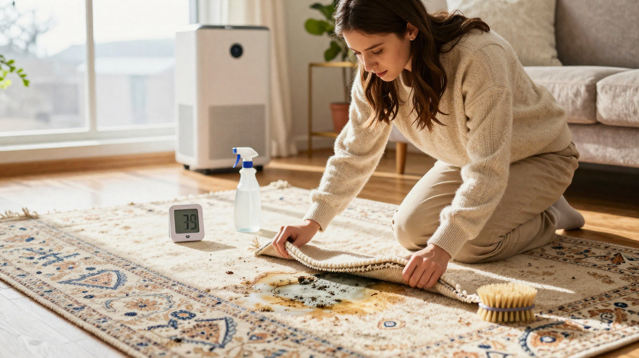 Woman cleaning a stain on a patterned rug with a spray bottle and brush in a sunlit living room