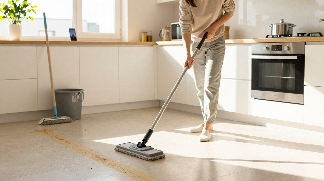 Person mopping a modern kitchen floor with sunlight streaming in through a window