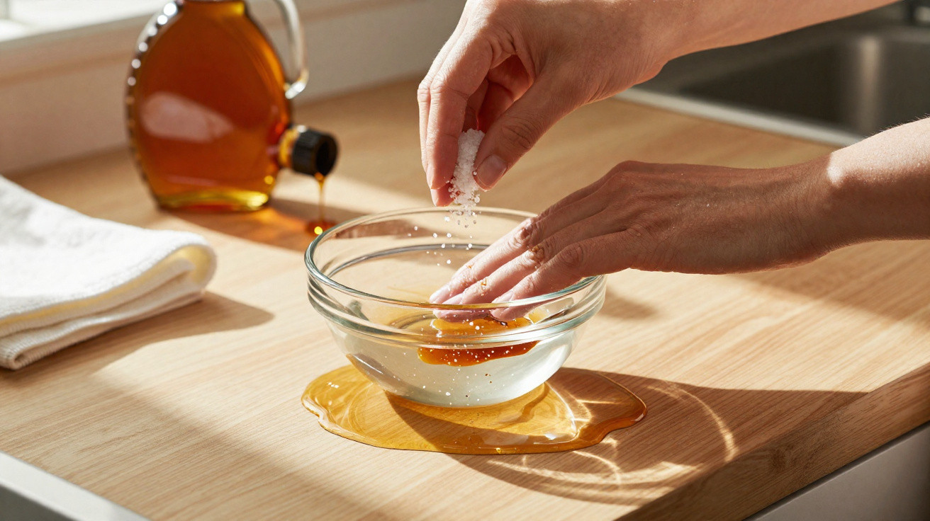 Hands sprinkling salt into a glass bowl with honey spilled on a wooden kitchen counter.