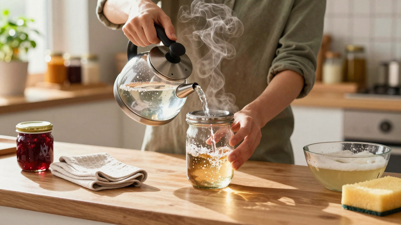 Person pouring steaming hot water from a kettle into a glass jar on a wooden kitchen counter.