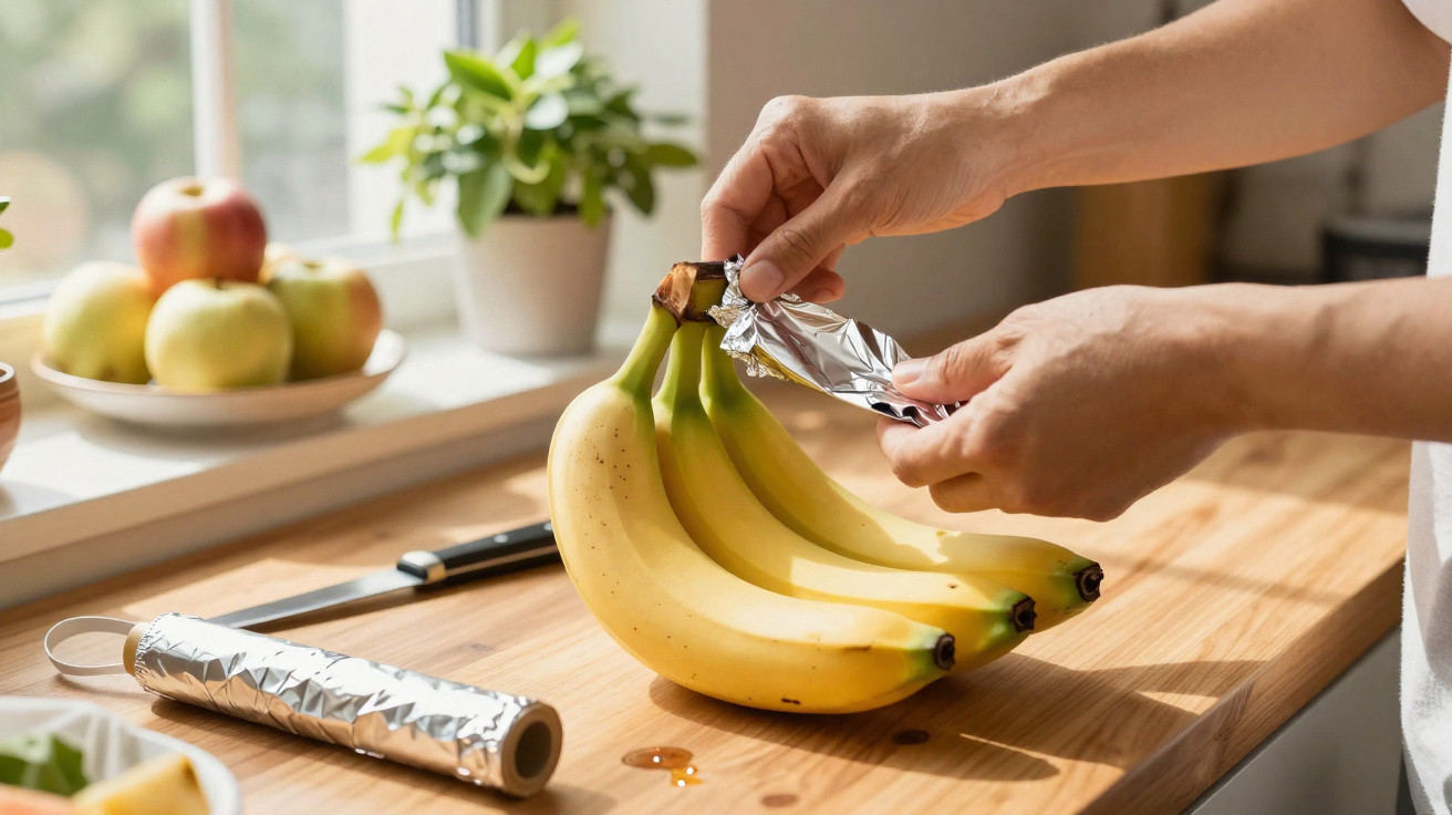 Person wrapping a bunch of bananas with aluminium foil on a kitchen table near a window.