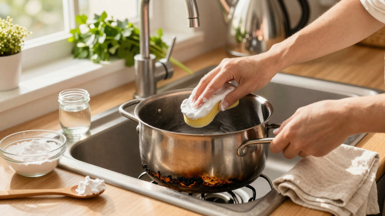 Person cleaning a burnt stainless steel pot with a sponge over a kitchen sink.
