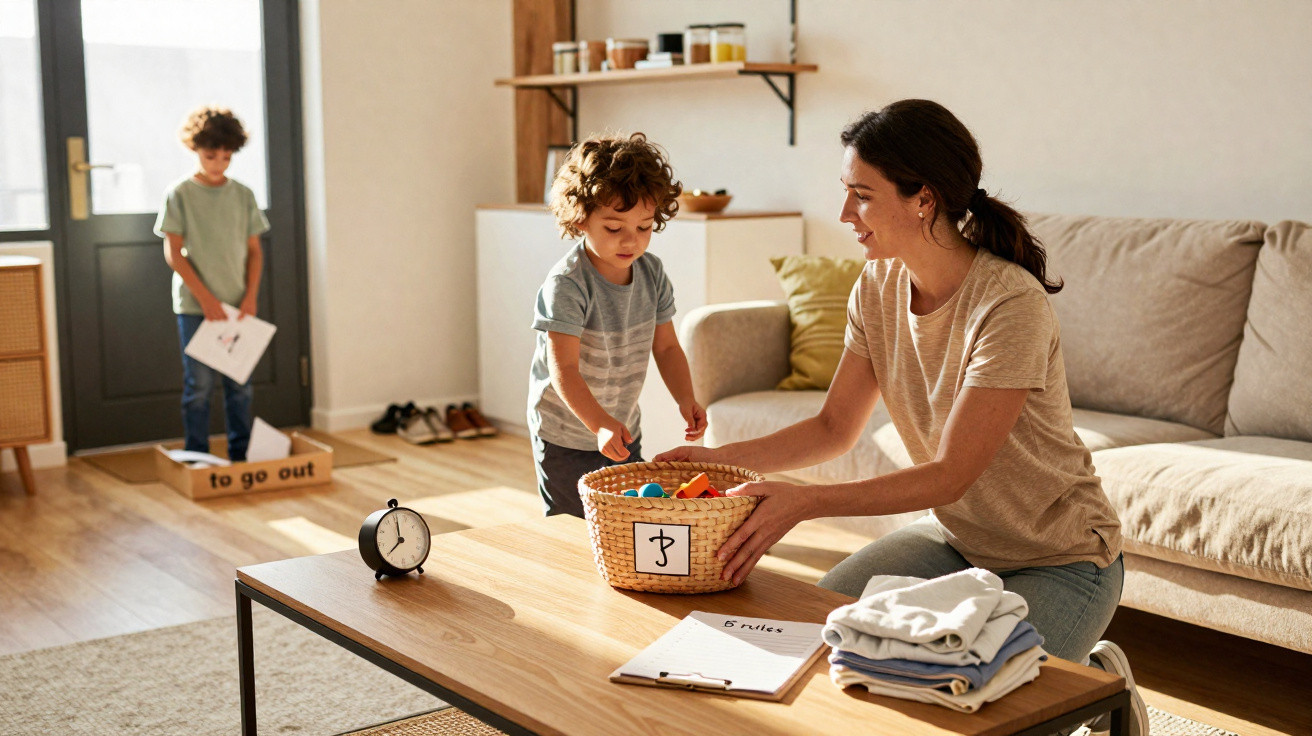 Mother and two sons organising toys and clothes in a sunlit living room.