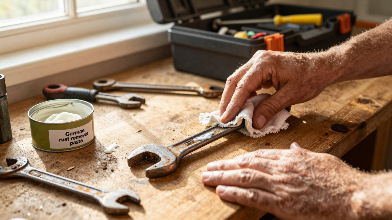 Hands cleaning a rusty wrench with cloth and rust remover paste on a wooden workbench.