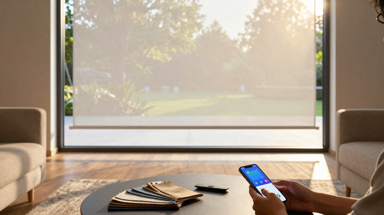 Person holding smartphone in a modern living room with fabric samples on a table and a sunlit garden outside.