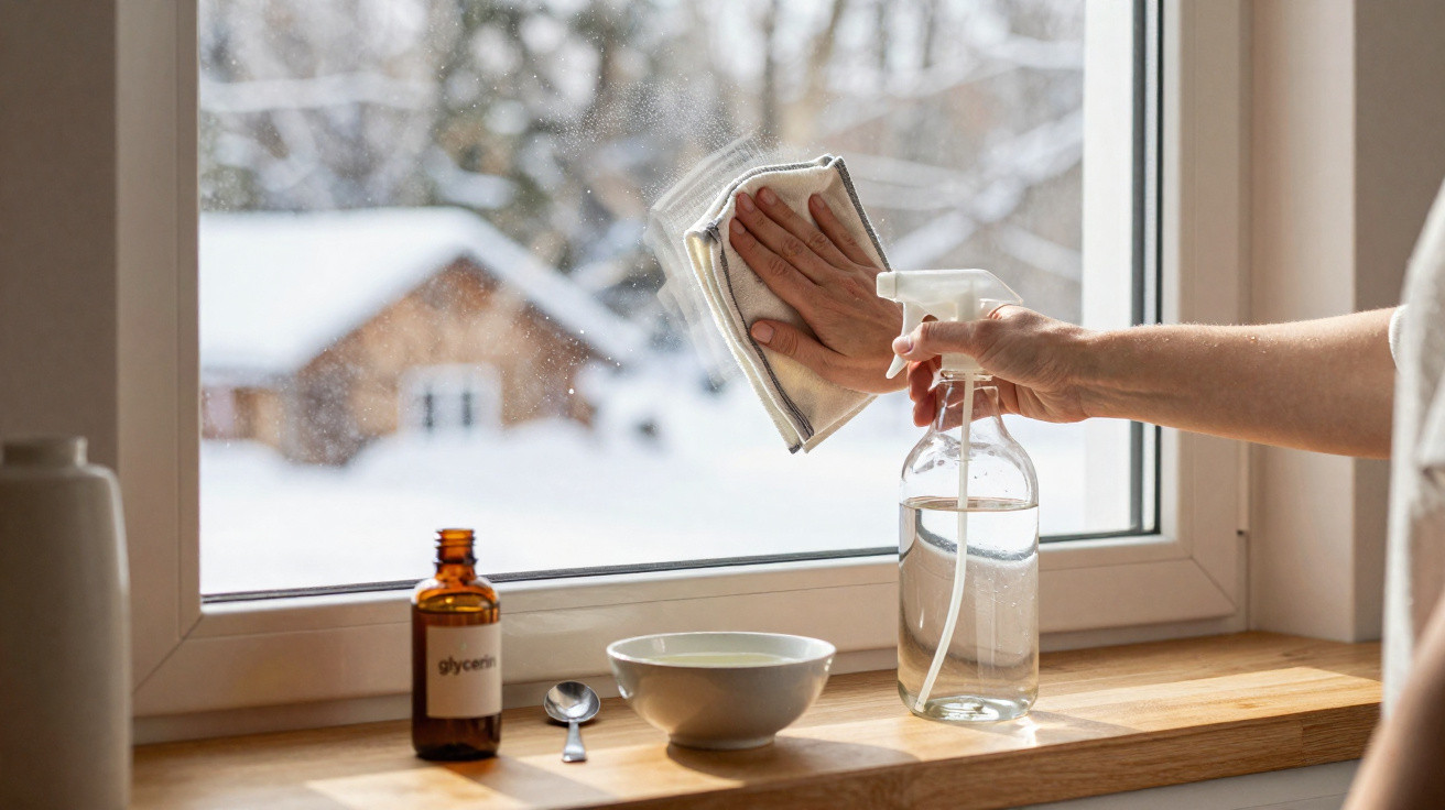 Person cleaning a window with a cloth and spray bottle inside a home with a snowy scene outside.