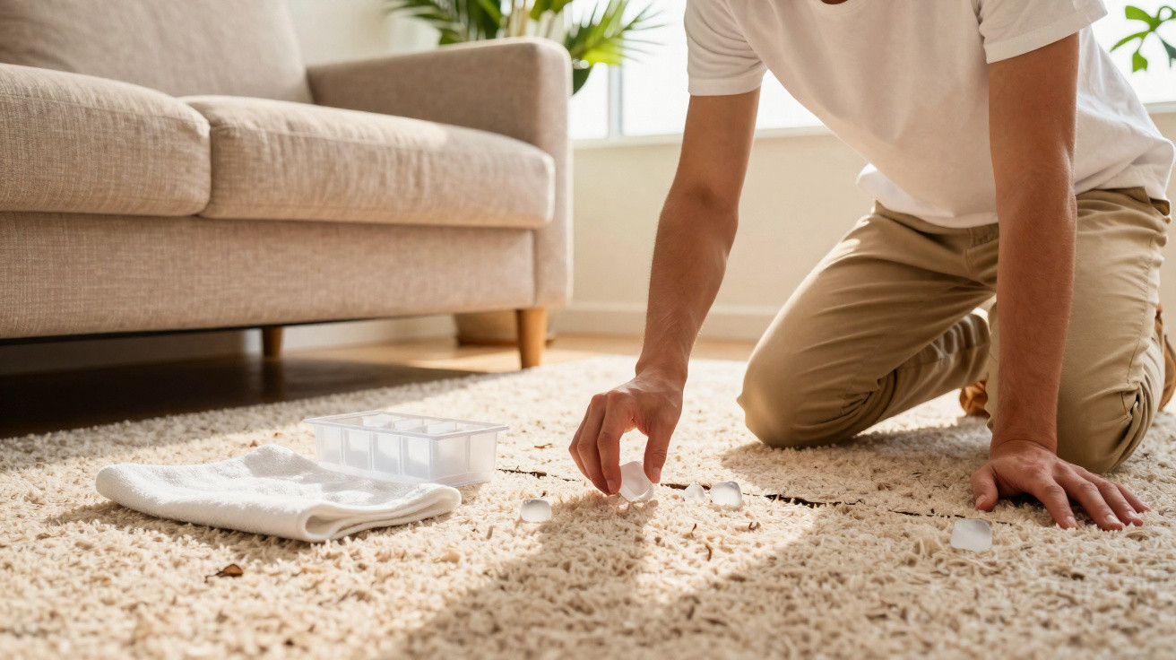 Person kneeling on carpet cleaning up melted ice cubes beside a towel and ice cube tray in living room.