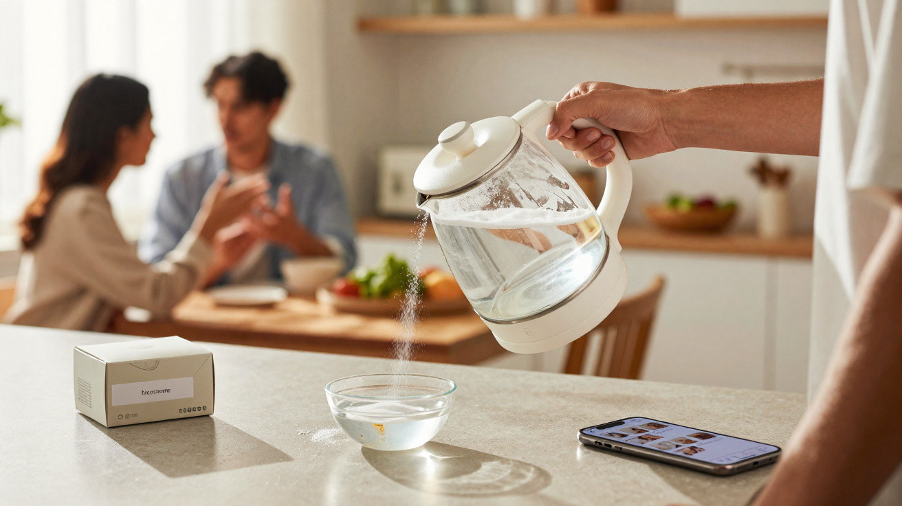 Hand pouring hot water from an electric kettle into a bowl on a kitchen counter with a couple talking in the background.