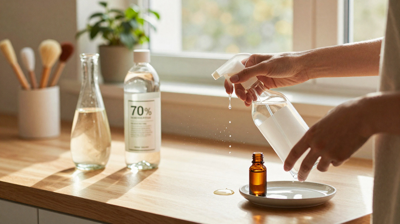 Hands spraying liquid from a clear bottle onto a small amber bottle on a wooden countertop by a window.