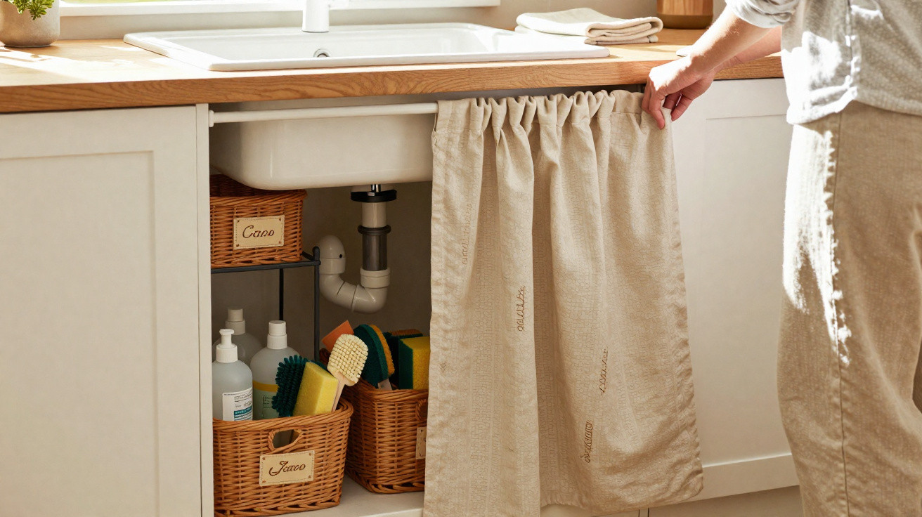 Person opening beige curtain under kitchen sink revealing organised cleaning supplies and baskets