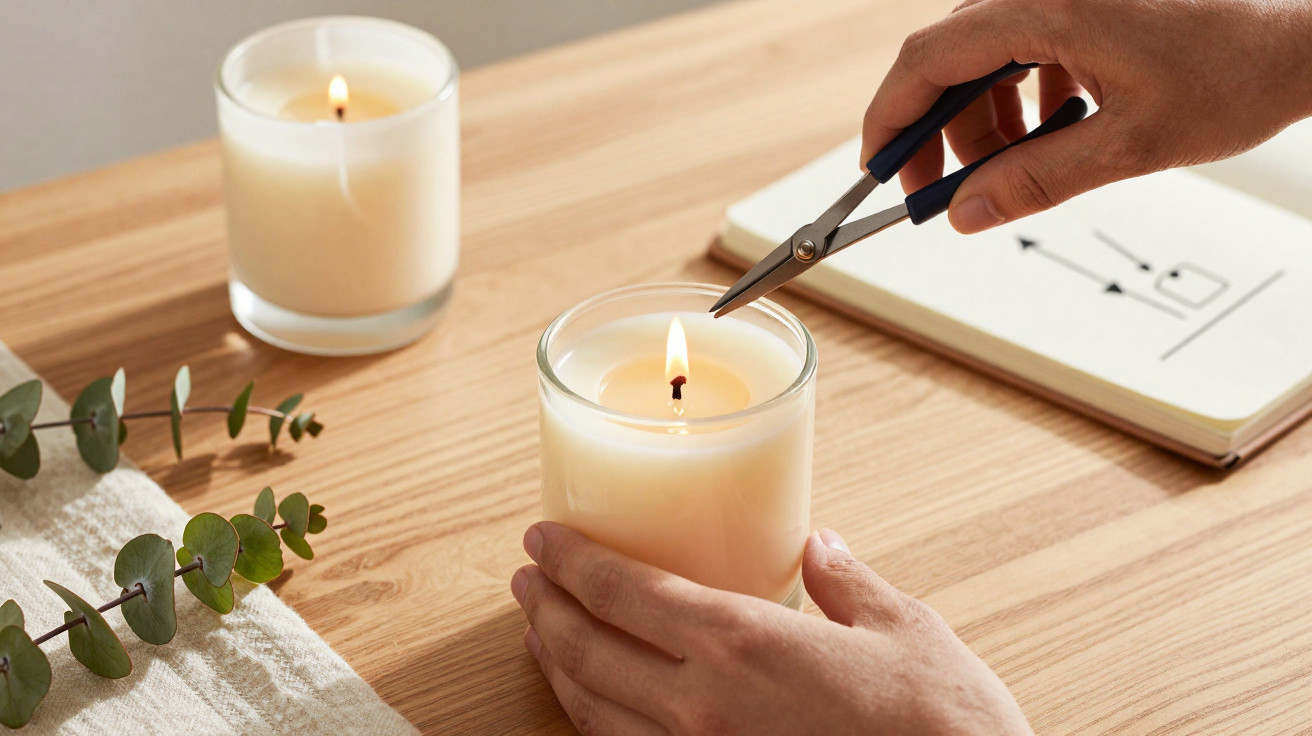 Hands trimming the wick of a lit candle with scissors on a wooden table with another candle and a notebook nearby.
