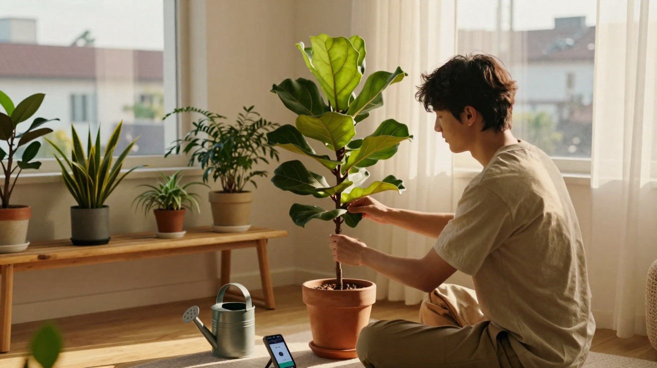 Young man caring for a potted plant indoors with sunlight through sheer curtains and other houseplants nearby