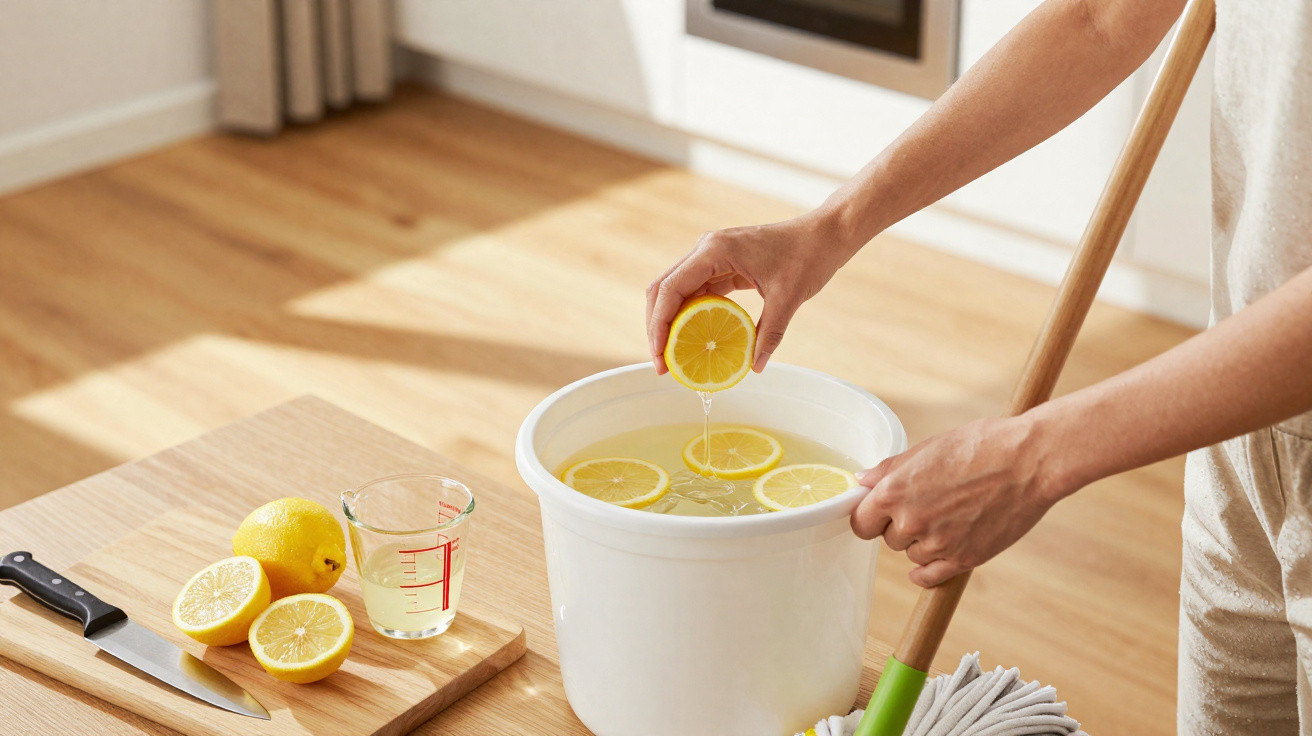 Person squeezing lemon juice into a bucket with lemon slices next to a chopping board and mop indoors.