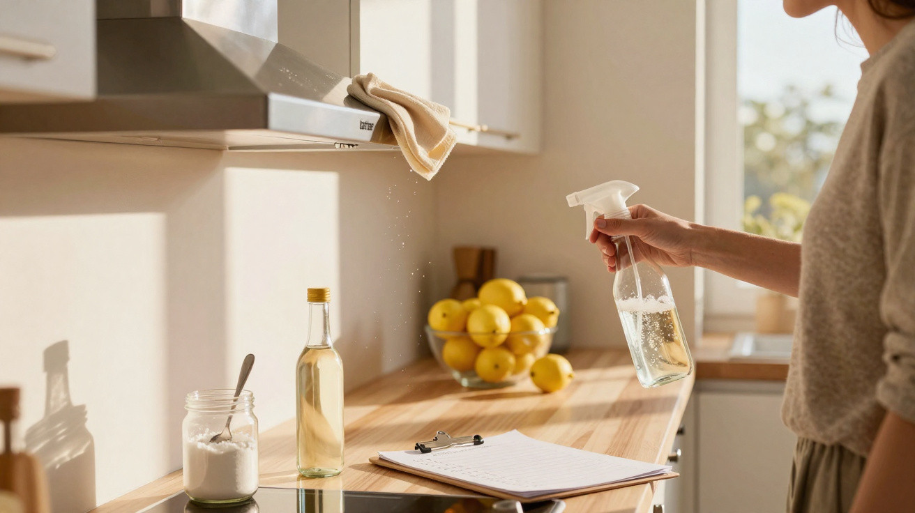 Person spraying cleaning solution on a kitchen countertop with lemons and cooking ingredients nearby