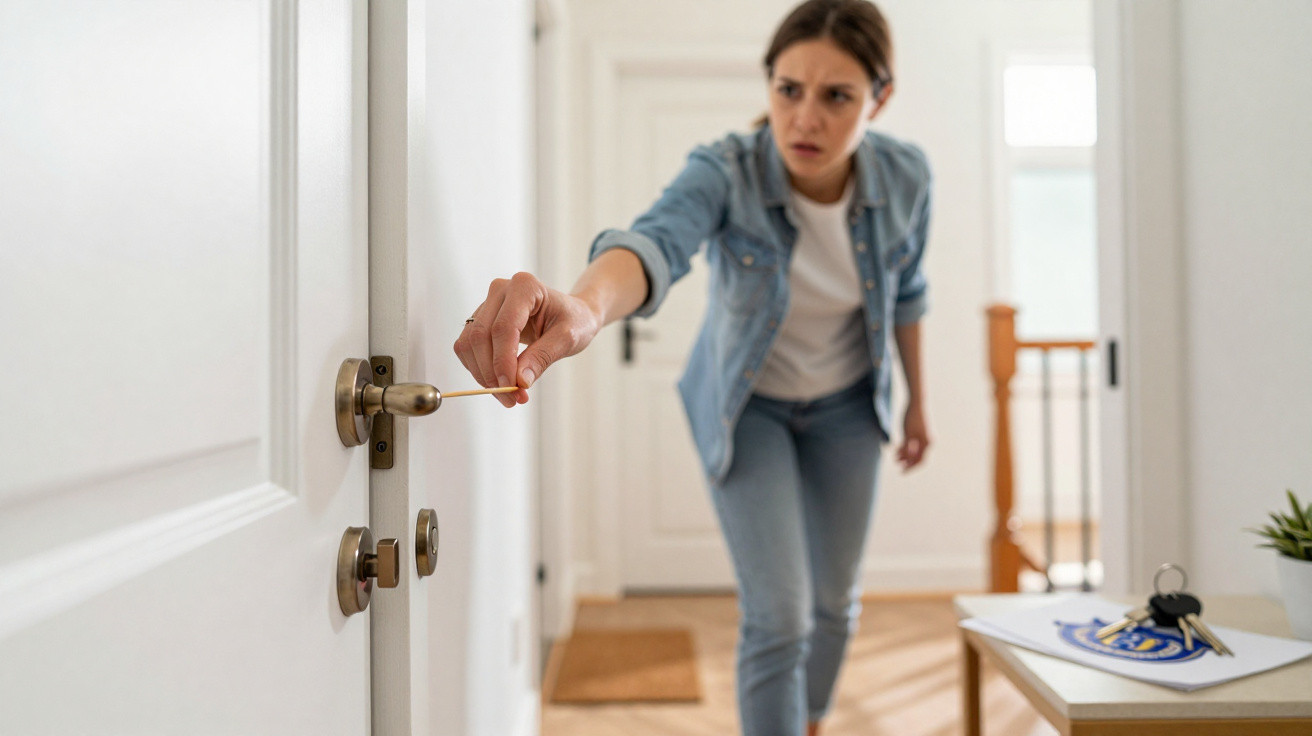 Woman cautiously unlocking a white door inside a bright home hallway.