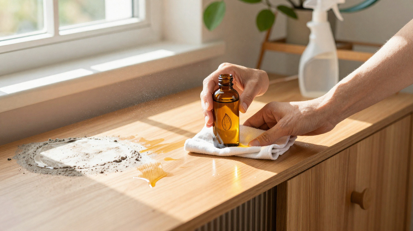 Hands cleaning a wooden surface with a cloth and amber bottle near spilled liquid and dust by a window.