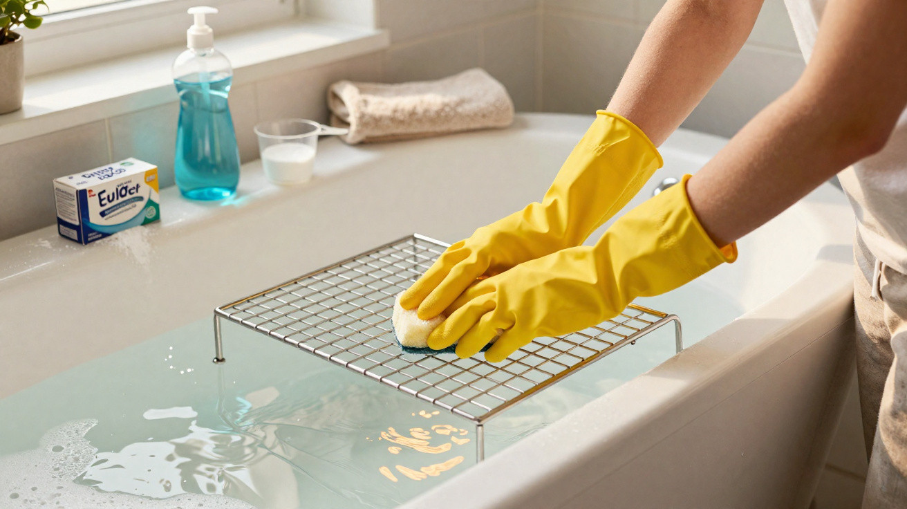 Person wearing yellow gloves cleaning a metal grill rack over a bathtub filled with soapy water.