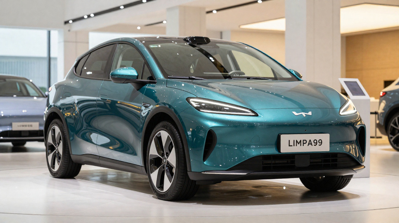Teal blue electric car displayed indoors, with sleek modern design and aerodynamic features.
