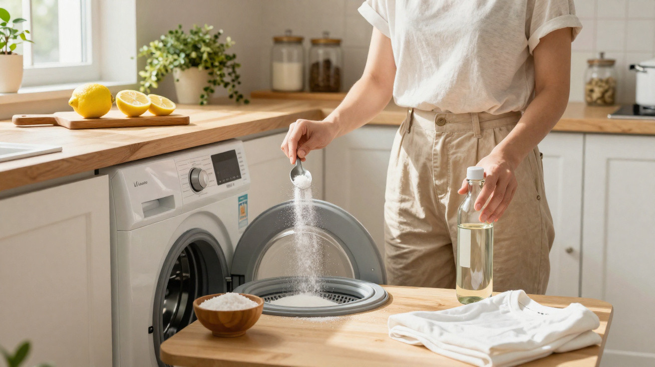 Person adding white powder detergent into a modern front-loading washing machine in a bright kitchen.