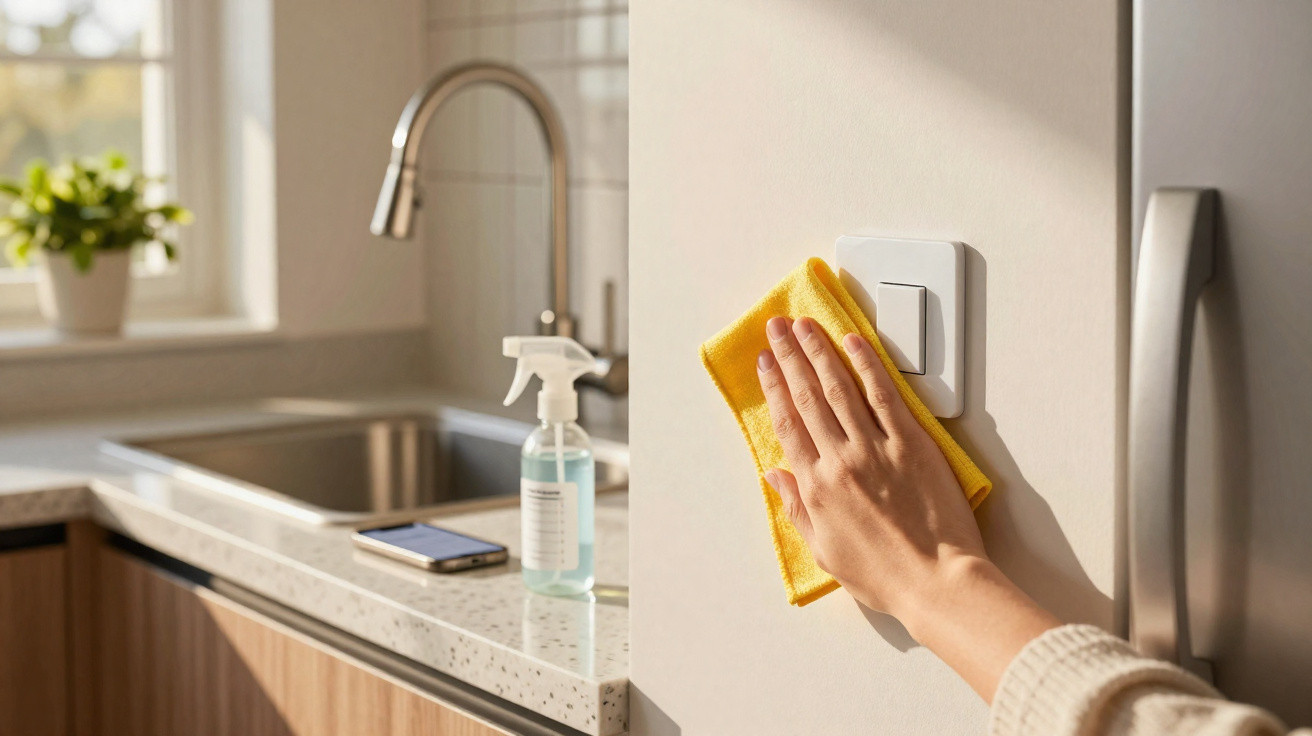 Person cleaning light switch with yellow cloth in bright modern kitchen interior