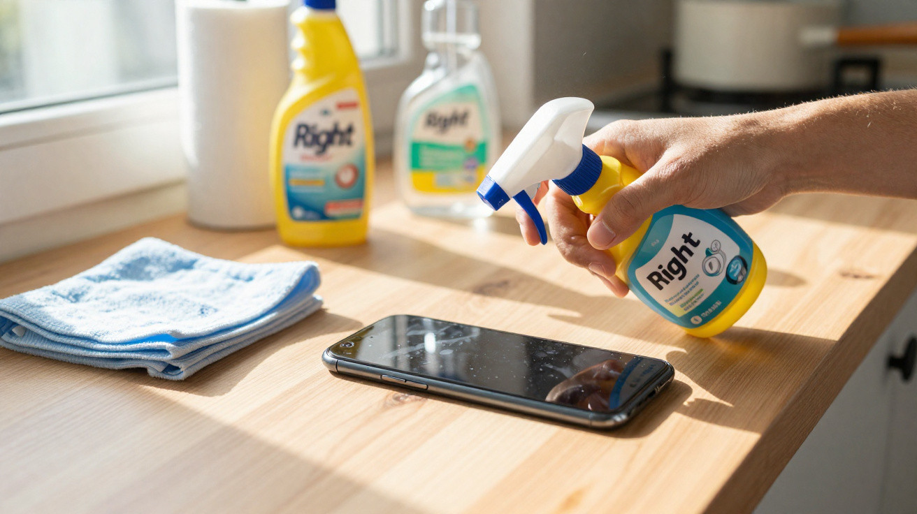 Hand spraying cleaning solution on a smartphone on a wooden countertop with cloths and cleaner bottles nearby.