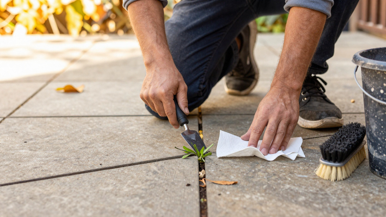 Person using a hand tool and cloth to remove weeds growing between outdoor paving stones.