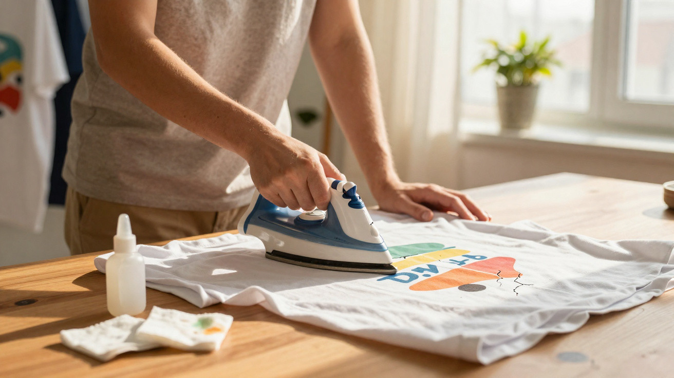 Person using an iron to heat press a colourful design onto a white T-shirt on a wooden table.