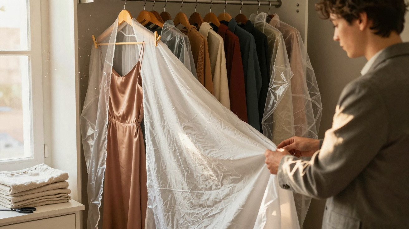 Person removing plastic garment cover from elegant dresses and suits hanging in wardrobe by window.