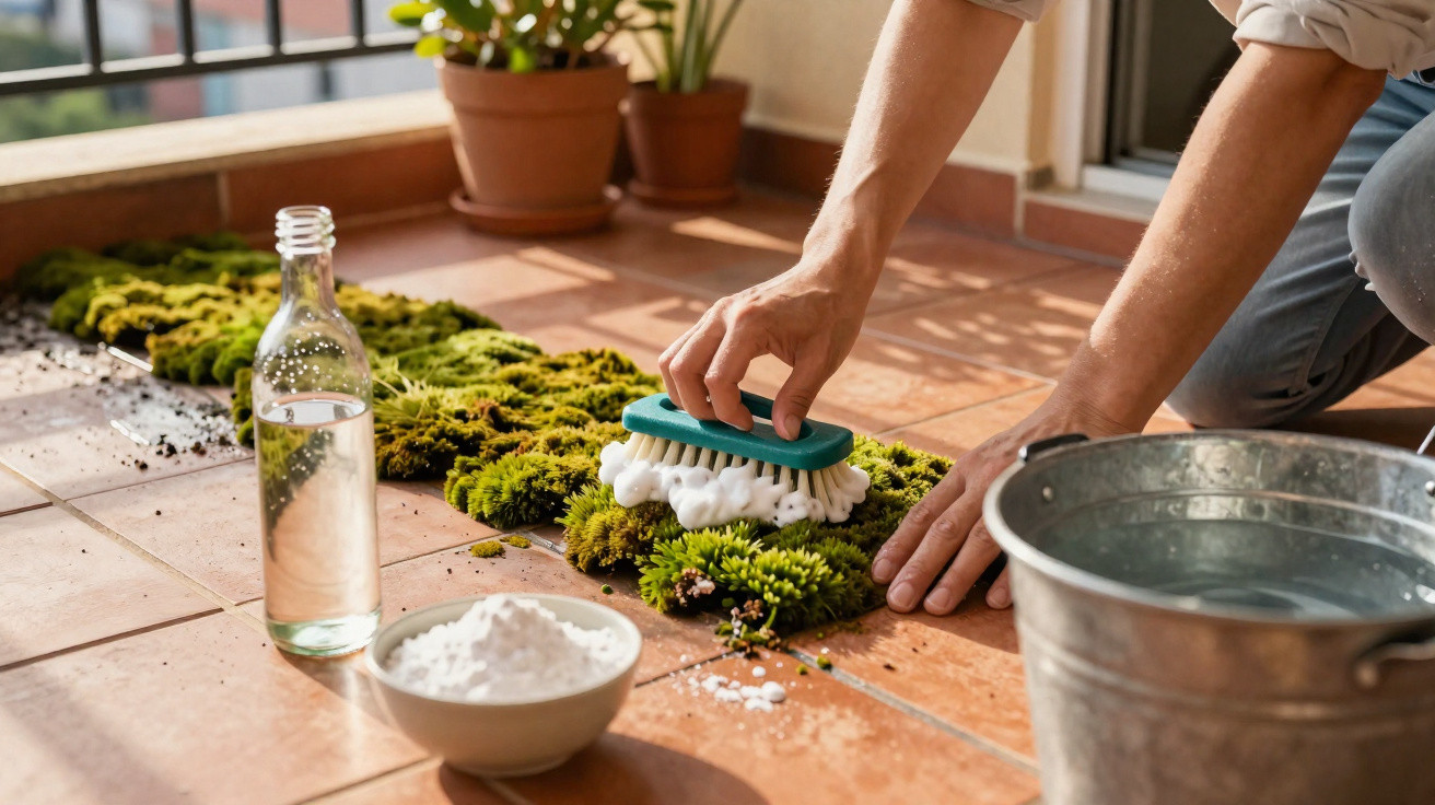 Person scrubbing moss on terracotta floor tiles using a brush with cleaning foam and water bucket nearby.