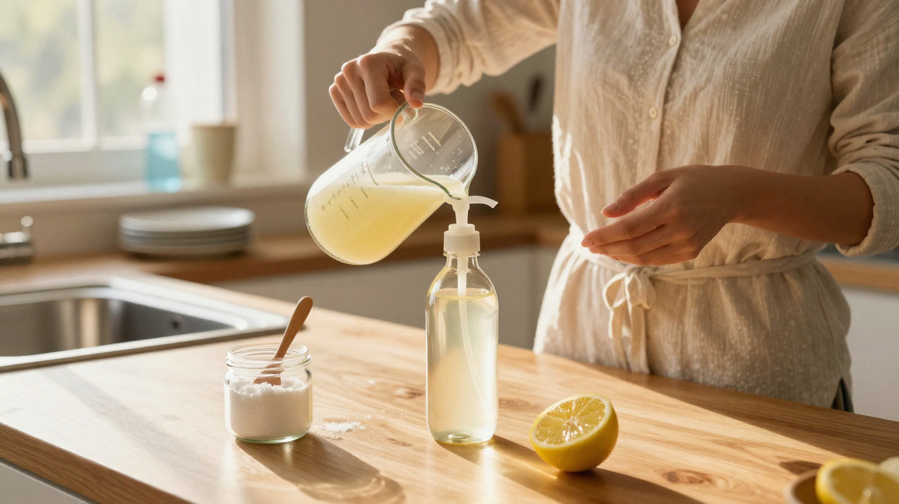 Person pouring homemade liquid soap into a clear bottle on a wooden kitchen counter with lemon and salt nearby.