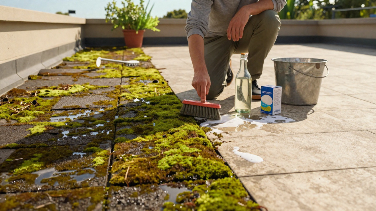 Person cleaning moss off rooftop tiles with a brush, bucket, and cleaning supplies on a sunny day.