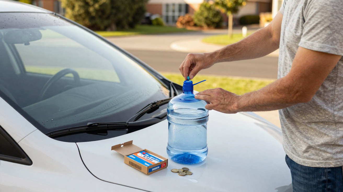 Person opening a large water jug on a car bonnet with coins and a box of tablets nearby.