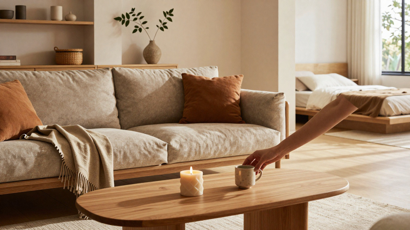Modern living room with beige sofa, wooden coffee table, lit candle, and hand reaching for a mug.