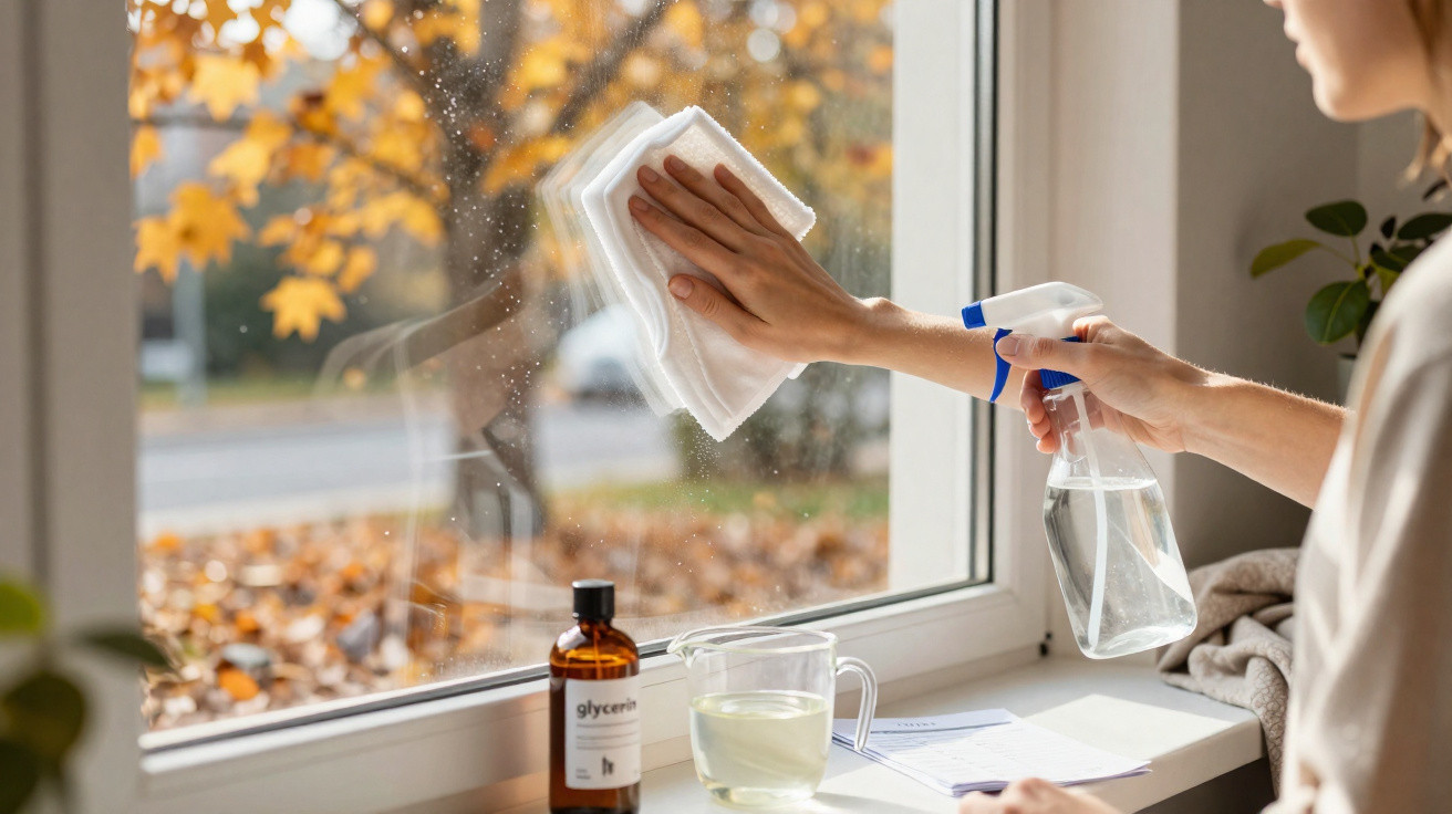Person cleaning a window with a cloth and spray bottle, autumn leaves visible outside.