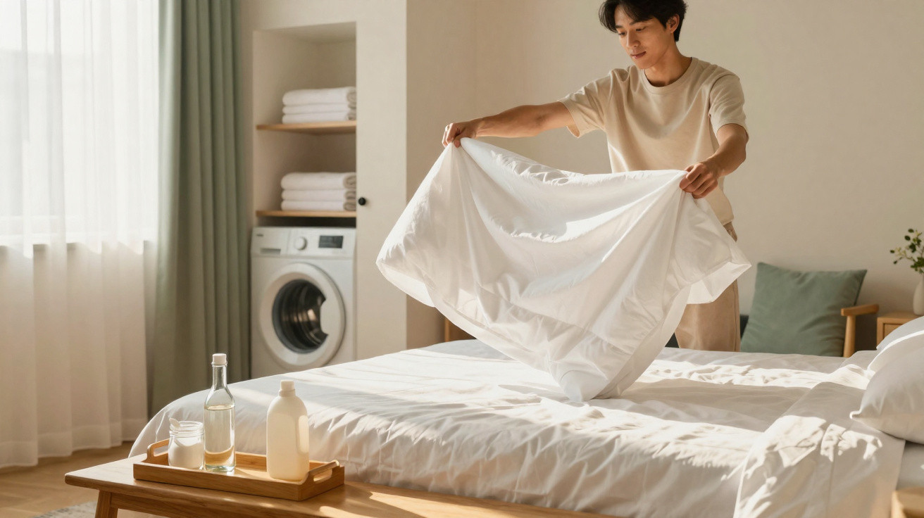 Person making a bed with white sheets in a sunlit bedroom with a washing machine and neatly folded towels in the background.