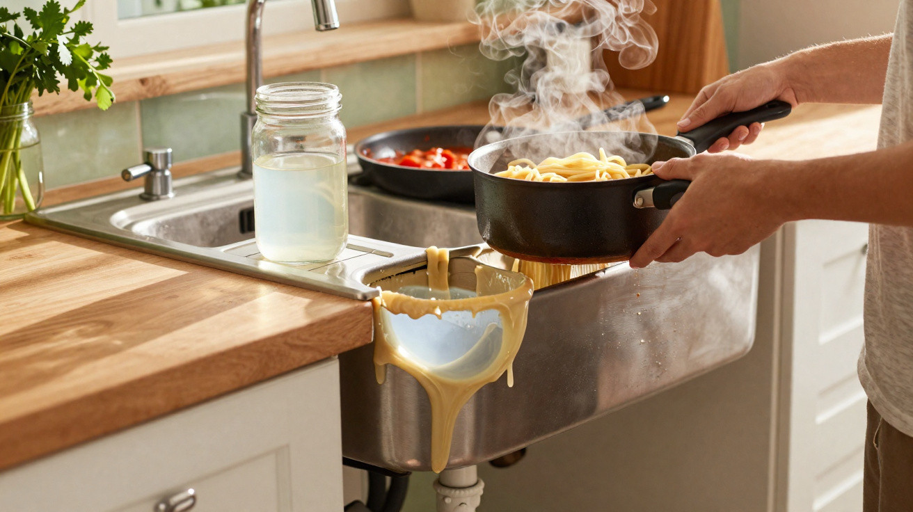 Person draining overcooked pasta with water and noodles spilling into kitchen sink.