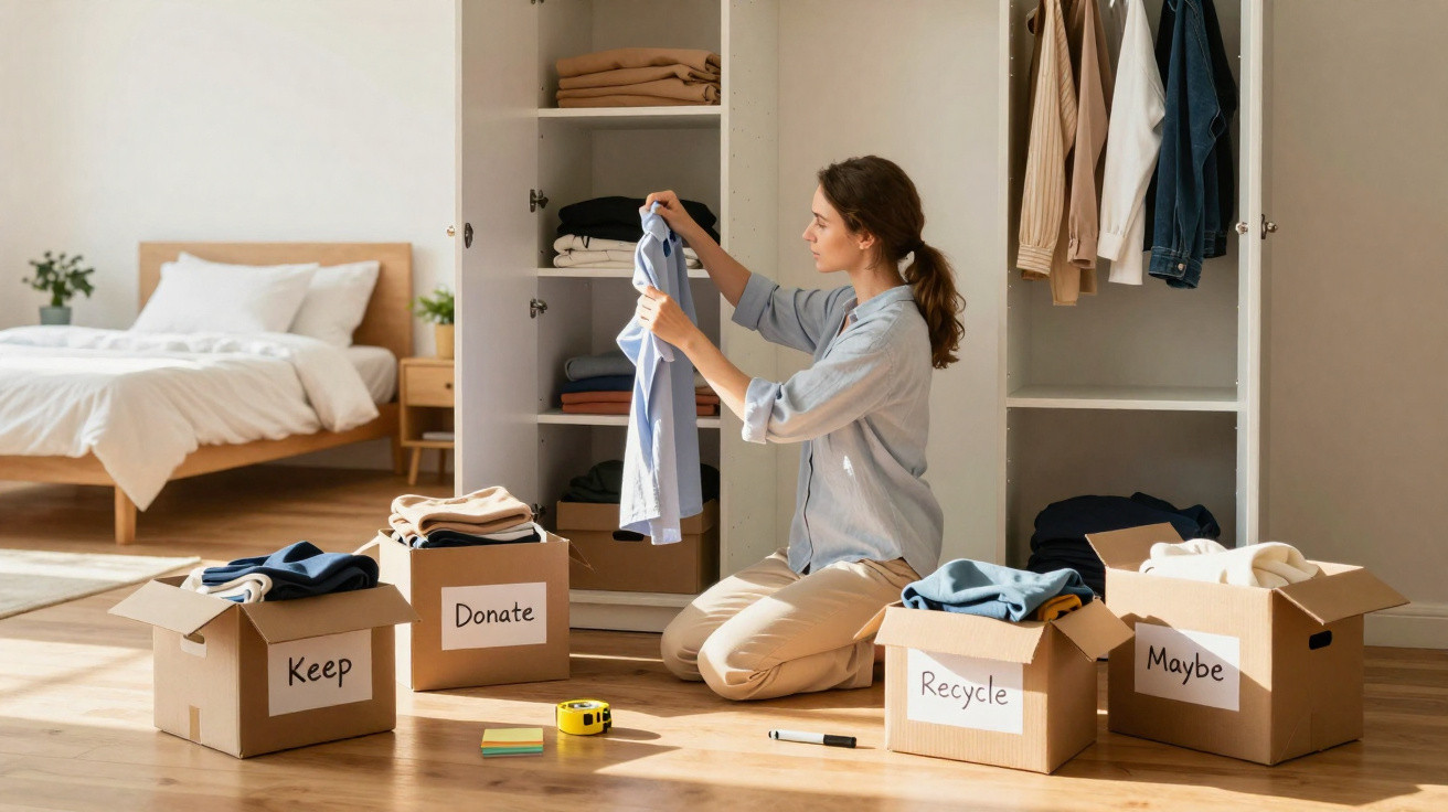 Woman sorting clothes into labelled cardboard boxes: Keep, Donate, Recycle, Maybe in a bright bedroom.