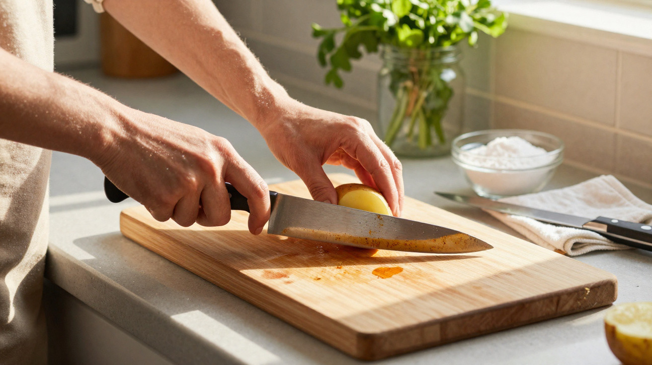 Person slicing a lemon on a wooden chopping board in a sunlit kitchen.