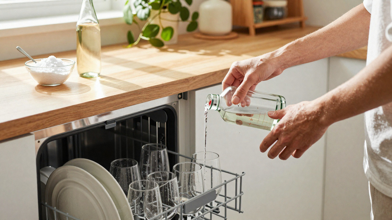 Person pouring liquid from a bottle into a glass in an open dishwasher in a bright kitchen.