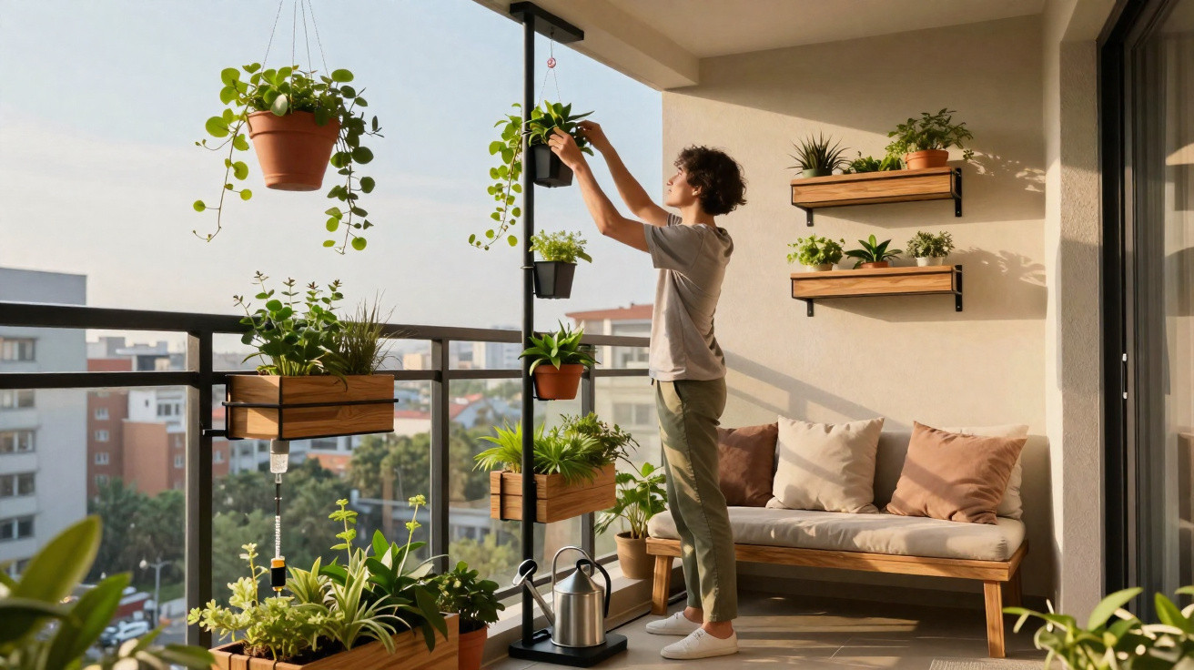 Person tending to hanging and potted plants on a sunny balcony with a sofa and city view.