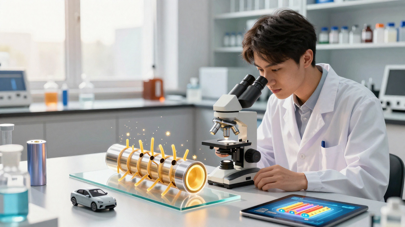 Scientist in white lab coat examining a microscope with a futuristic glowing device model on the laboratory table.