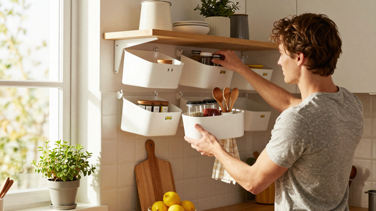 Man organising white hanging kitchen storage containers with spices and wooden utensils by a window with a plant nearby.