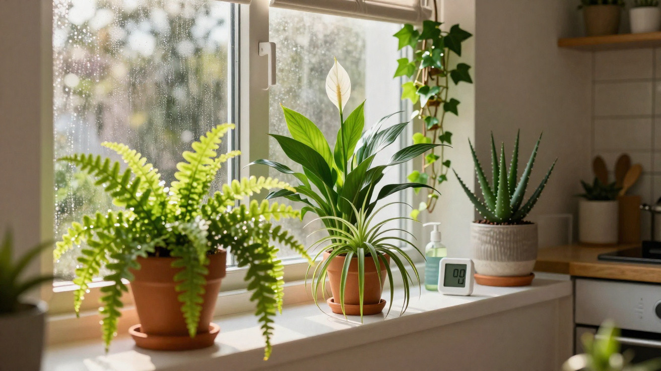 Three green potted plants on a sunny kitchen windowsill with a rain-speckled window in the background.