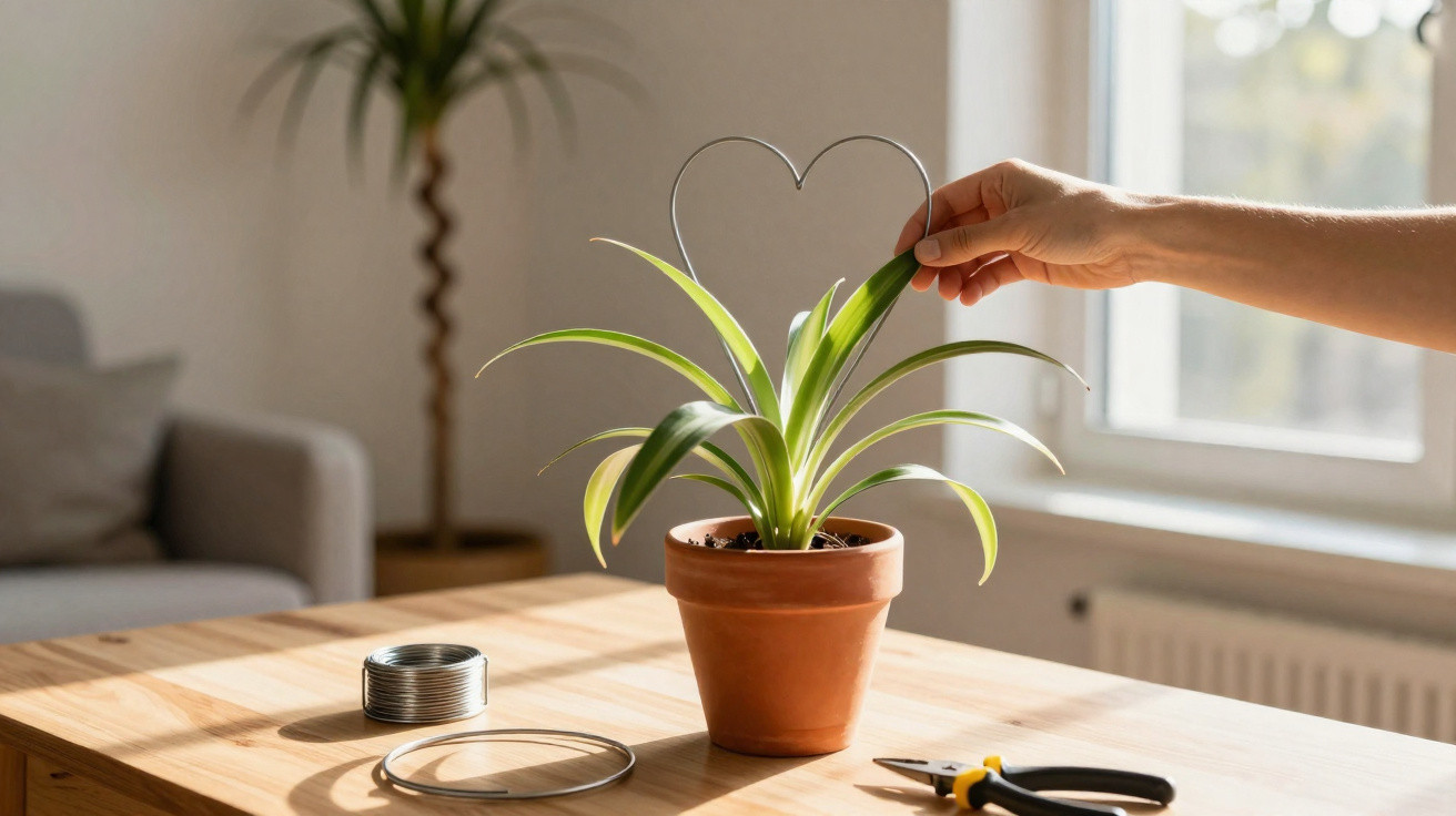Hand placing a heart-shaped wire decoration on a potted green plant on a sunlit wooden table indoors.