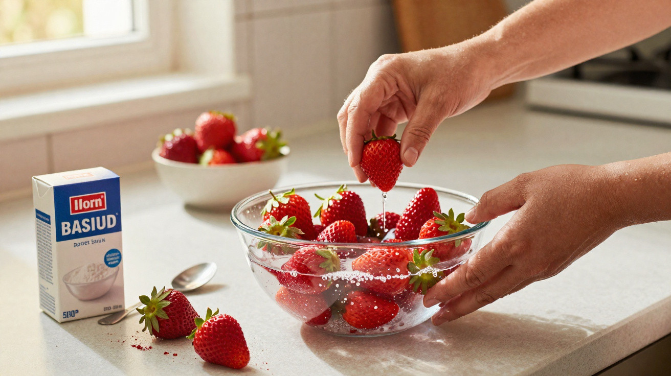 Hands washing fresh strawberries in a glass bowl on a kitchen counter with sugar packet nearby.