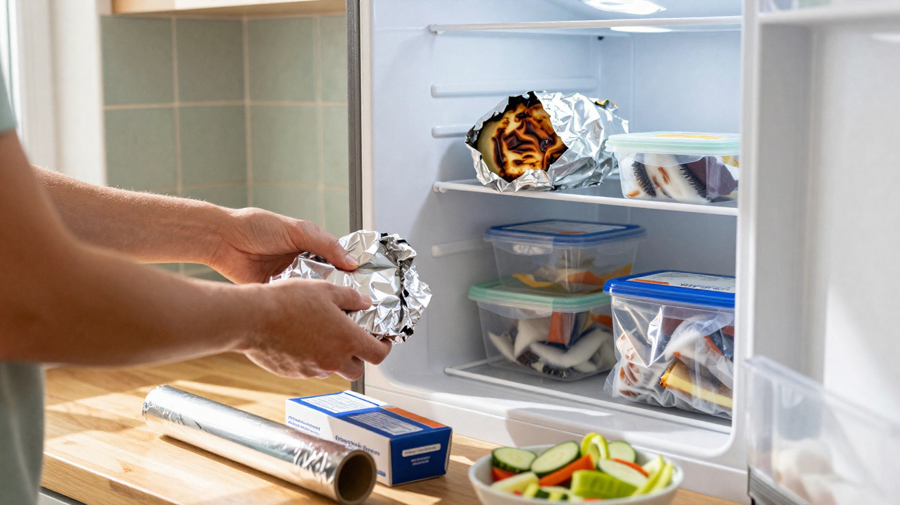 Person placing burnt food wrapped in foil into a refrigerator with plastic containers and a bowl of sliced vegetables nearby.