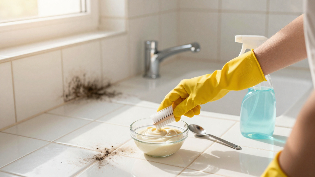 Person wearing yellow gloves scrubbing kitchen tiles with a brush beside a bowl of paste and spray bottle.