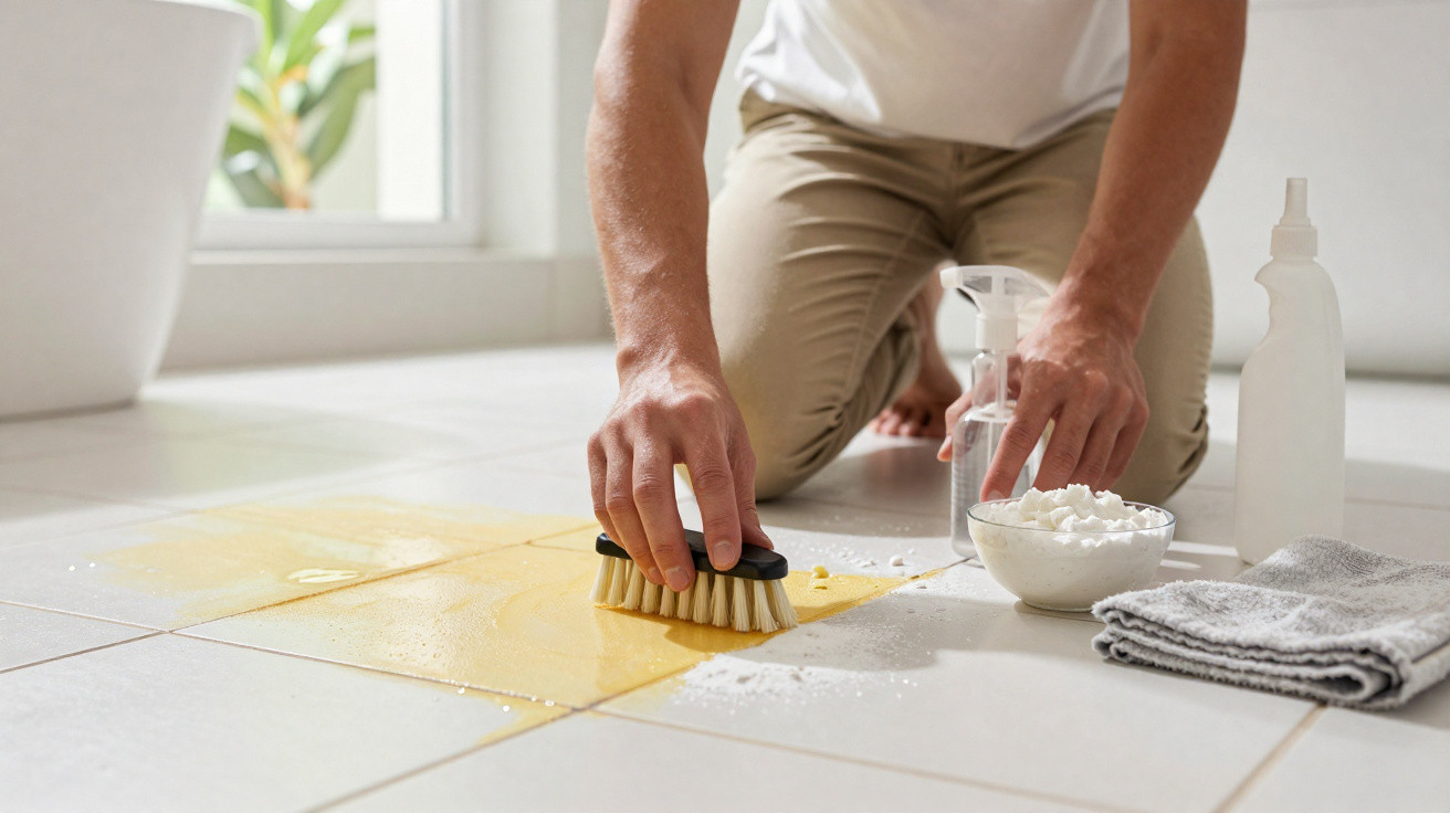 Person scrubbing a yellow stain on white tiled floor with cleaning brush and supplies nearby.