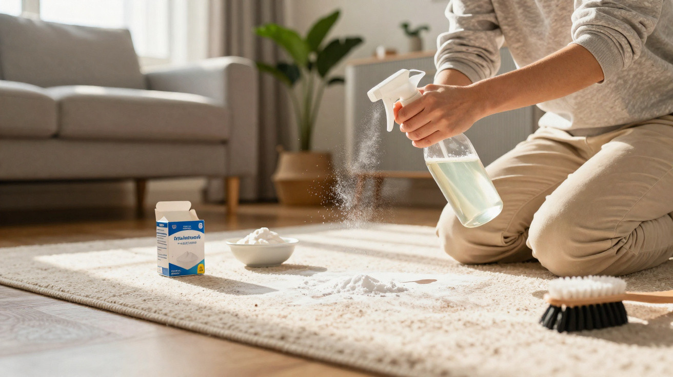 Person spraying cleaning solution on carpet stains with cleaning powder and brush nearby in a bright living room.